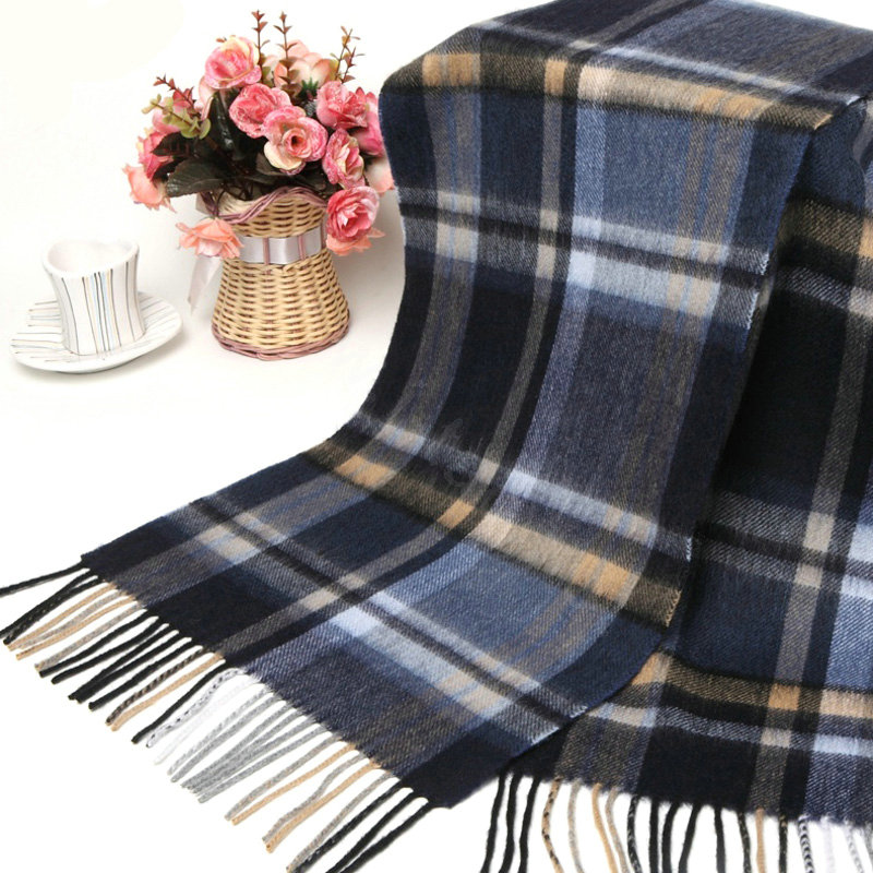Classic Plaid Long Wool Scarf Man Winter Thicken Business Casual Cashmere Tassels Muffler - Yellow Blue