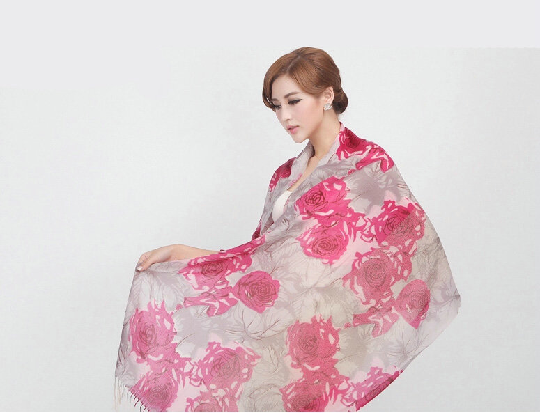 Classic Rose Flower Printing Wool Shawls Scarf Women Long Warm Pashmina Cape - Pink