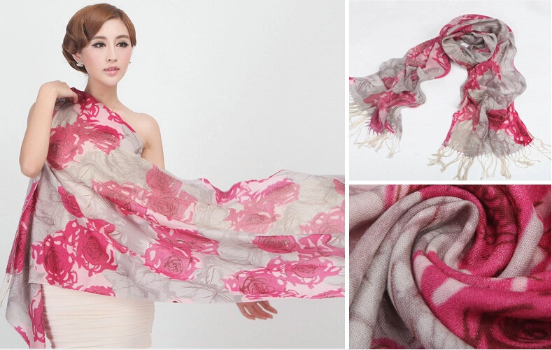 Classic Rose Flower Printing Wool Shawls Scarf Women Long Warm Pashmina Cape - Pink