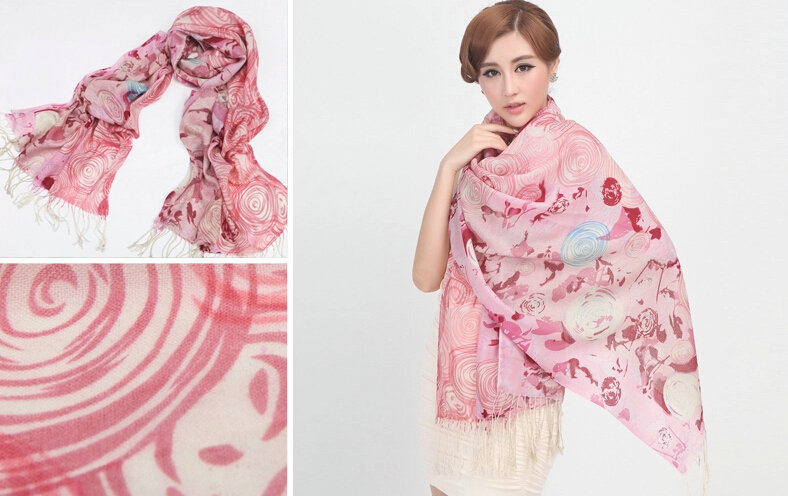 Classic Round Flower Printing Wool Shawls Scarf Women Long Warm Pashmina Cape - Pink