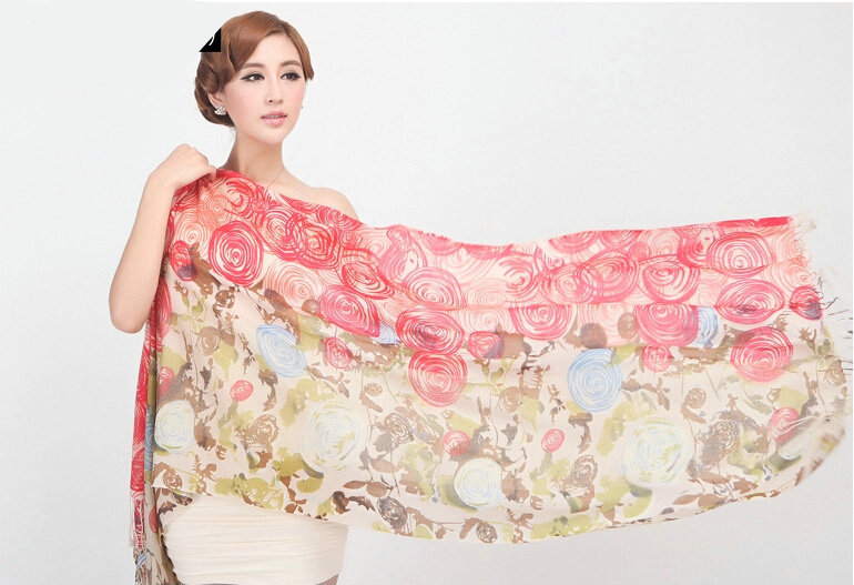 Classic Round Flower Printing Wool Shawls Scarf Women Long Warm Pashmina Cape - Red