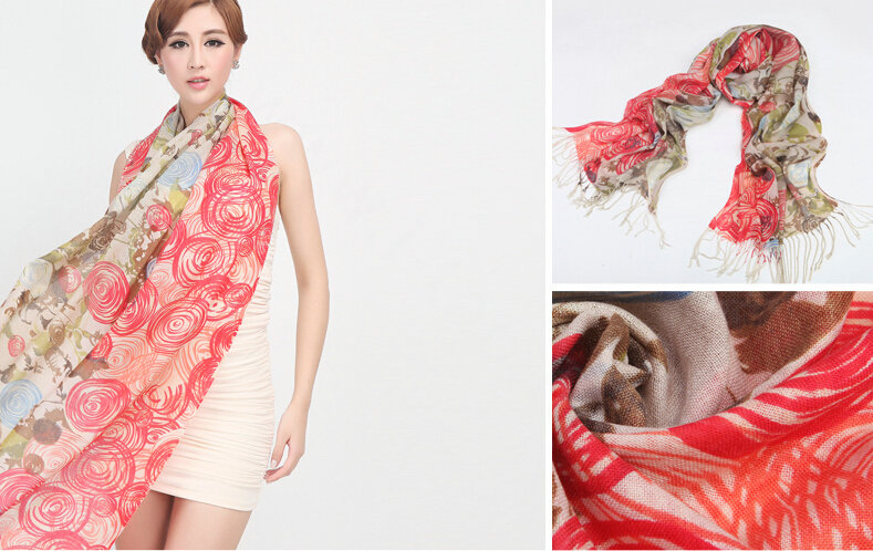 Classic Round Flower Printing Wool Shawls Scarf Women Long Warm Pashmina Cape - Red