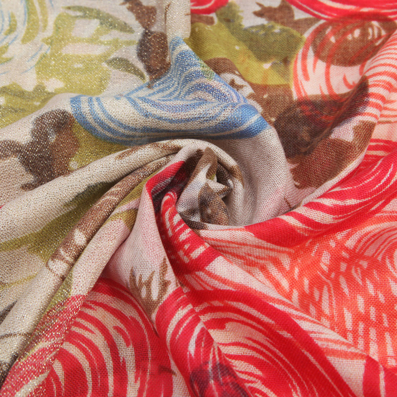 Classic Round Flower Printing Wool Shawls Scarf Women Long Warm Pashmina Cape - Red