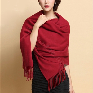 Classic Solid Color Long Wool Shawls Berber Fleece Scarf Women Winter Thicken Tassels Cape - Dark Red