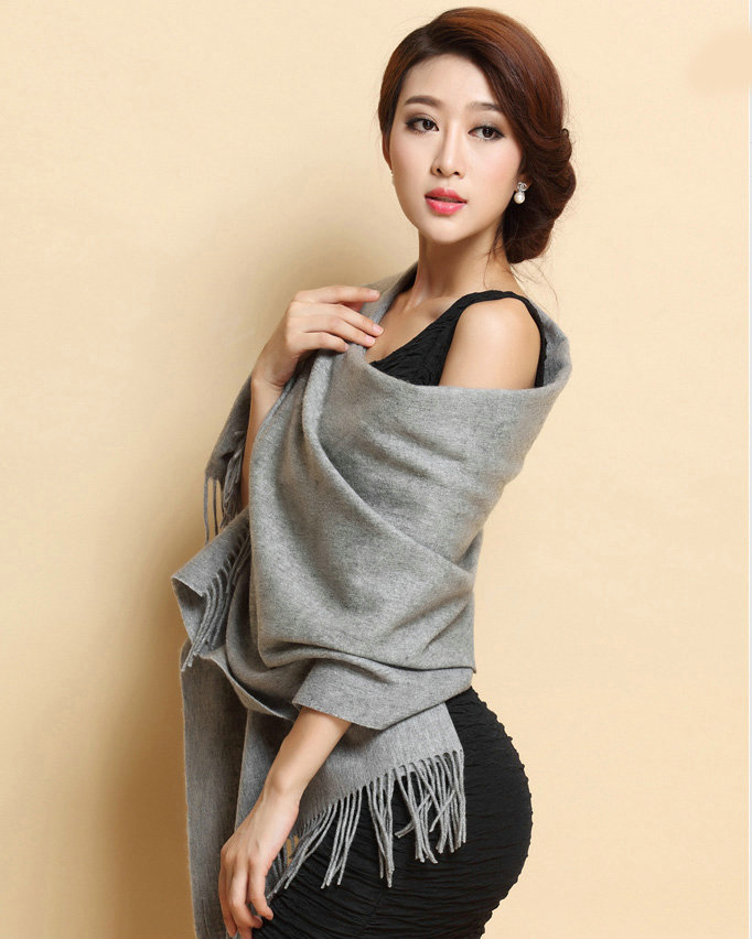 Classic Solid Color Long Wool Shawls Berber Fleece Scarf Women Winter Thicken Tassels Cape - Gray