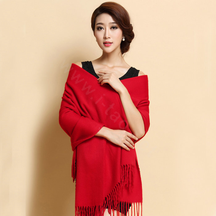 Classic Solid Color Long Wool Shawls Berber Fleece Scarf Women Winter Thicken Tassels Cape - Red