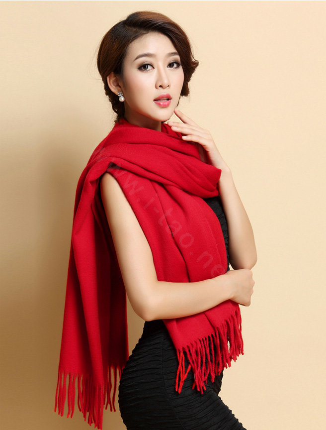 Classic Solid Color Long Wool Shawls Berber Fleece Scarf Women Winter Thicken Tassels Cape - Red