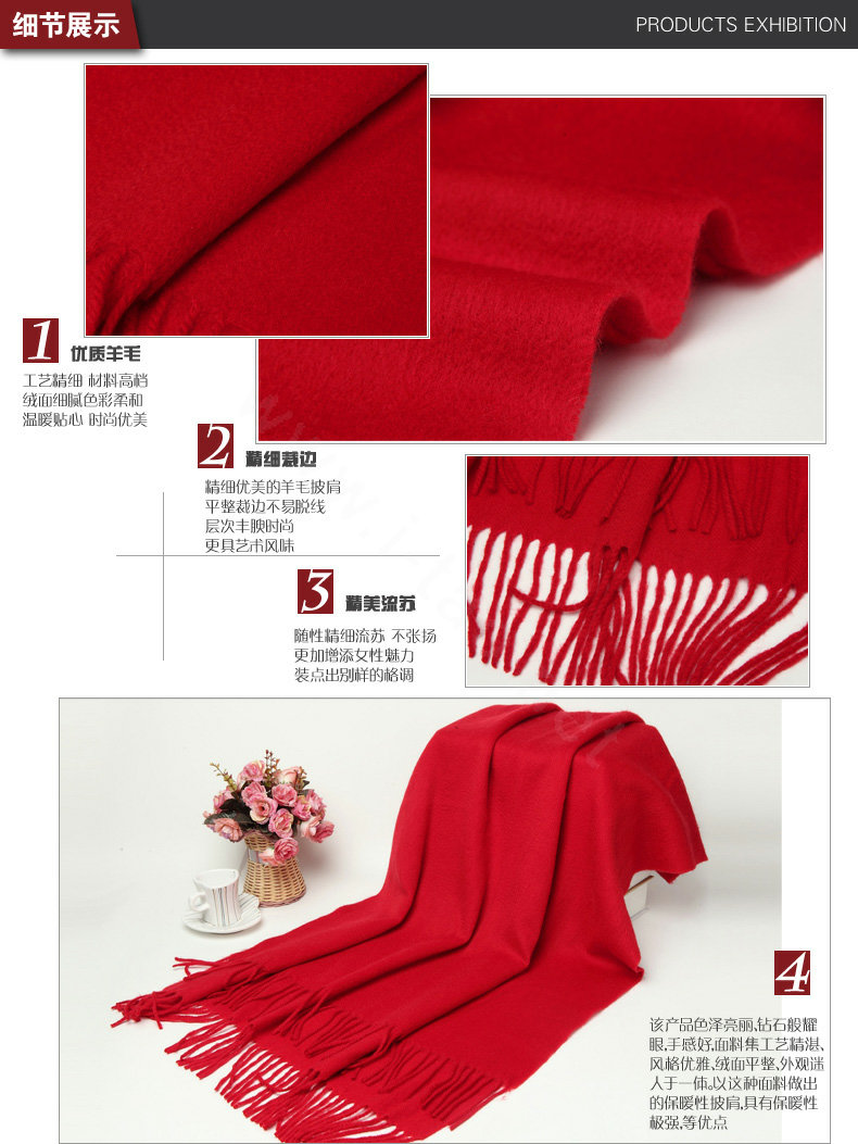 Classic Solid Color Long Wool Shawls Berber Fleece Scarf Women Winter Thicken Tassels Cape - Red