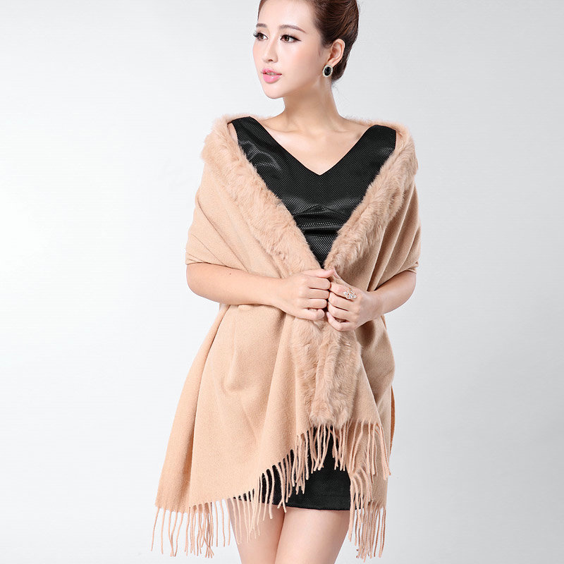 Classic Solid Color Wool Shawls Rex Rabbit Fur Scarf Women Winter Thicken Pashmina Cape - Beige