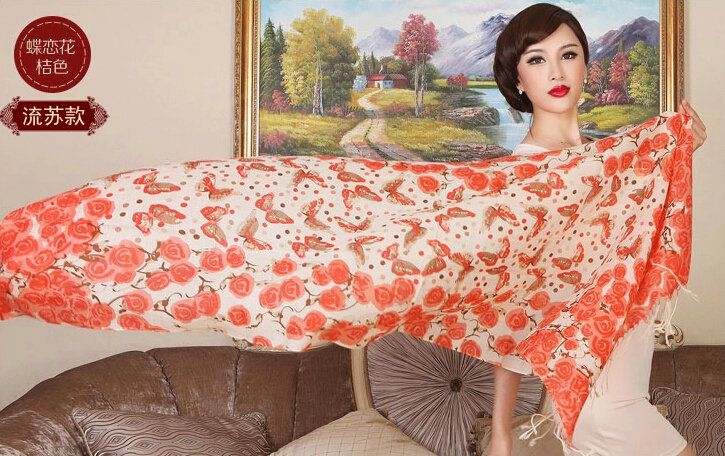 Economic Butterfly Flower Printing Tassels Wool Scarf Shawls Women Long Warm Pashmina Cape - Orange