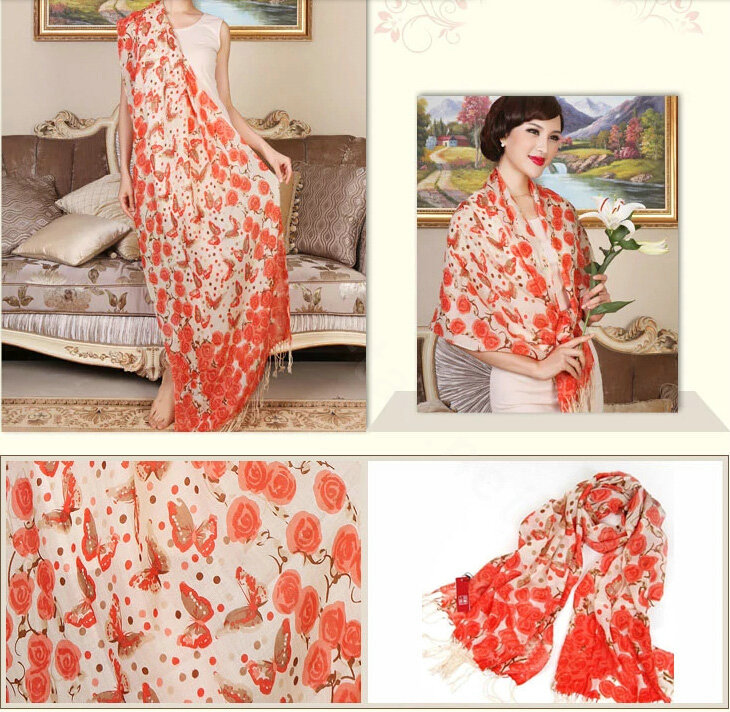 Economic Butterfly Flower Printing Tassels Wool Scarf Shawls Women Long Warm Pashmina Cape - Orange