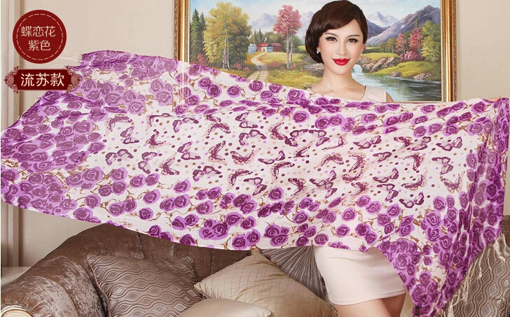 Economic Butterfly Flower Printing Tassels Wool Scarf Shawls Women Long Warm Pashmina Cape - Purple