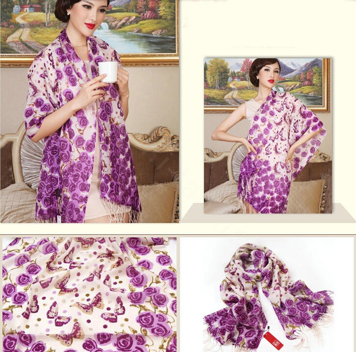 Economic Butterfly Flower Printing Tassels Wool Scarf Shawls Women Long Warm Pashmina Cape - Purple