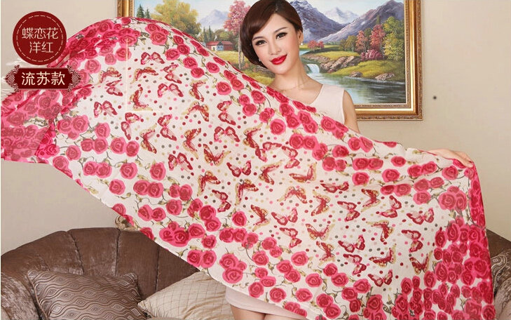 Economic Butterfly Flower Printing Tassels Wool Scarf Shawls Women Long Warm Pashmina Cape - Red