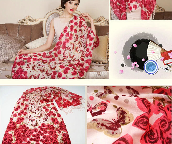 Economic Butterfly Flower Printing Tassels Wool Scarf Shawls Women Long Warm Pashmina Cape - Red
