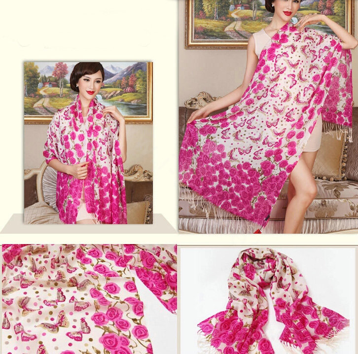 Economic Butterfly Flower Printing Tassels Wool Scarf Shawls Women Long Warm Pashmina Cape - Rose