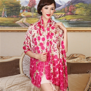 Economic Butterfly Flower Printing Tassels Wool Scarf Shawls Women Long Warm Pashmina Cape - Rose