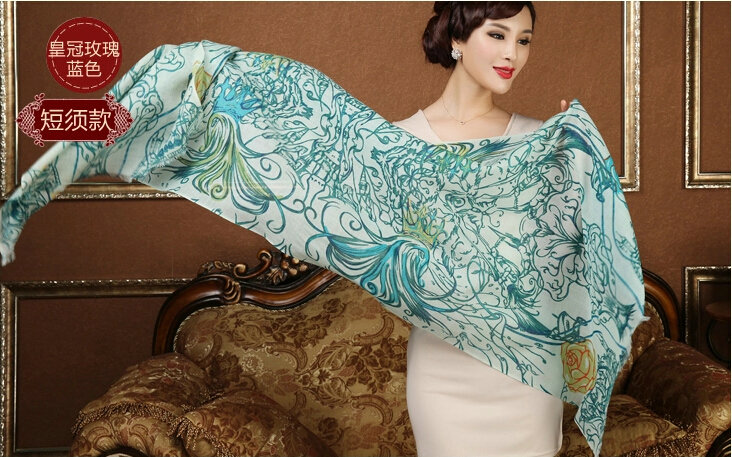 Economic Crown Flower Printing Wool Scarf Shawls Women Winter Long Warm Pashmina Cape - Blue