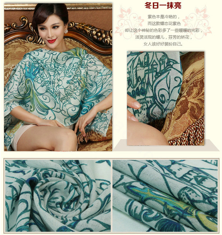 Economic Crown Flower Printing Wool Scarf Shawls Women Winter Long Warm Pashmina Cape - Blue