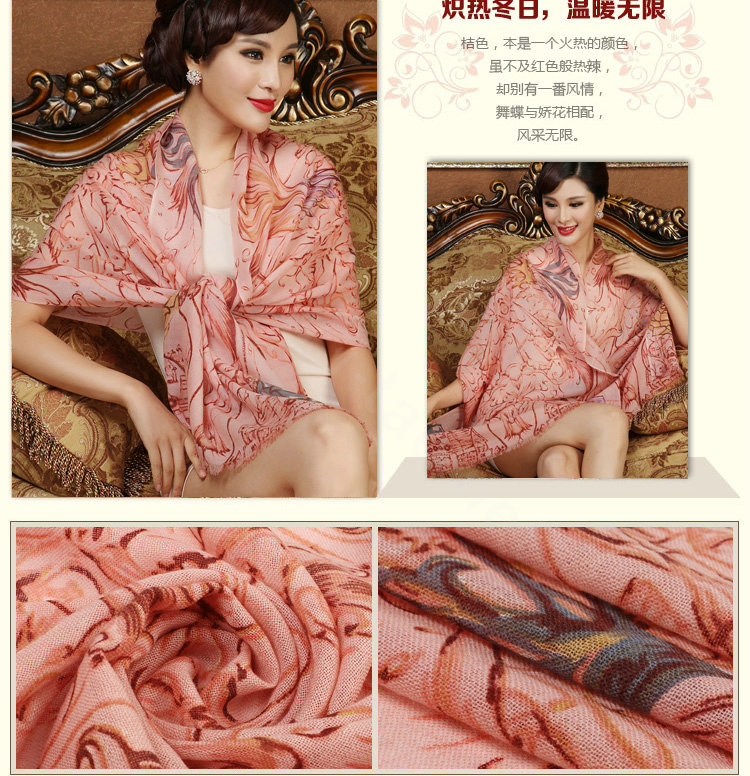Economic Crown Flower Printing Wool Scarf Shawls Women Winter Long Warm Pashmina Cape - Pink