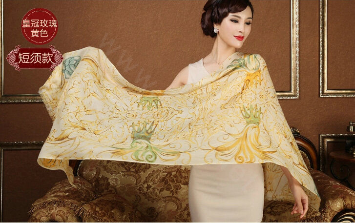 Economic Crown Flower Printing Wool Scarf Shawls Women Winter Long Warm Pashmina Cape - Yellow