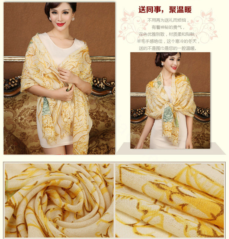 Economic Crown Flower Printing Wool Scarf Shawls Women Winter Long Warm Pashmina Cape - Yellow