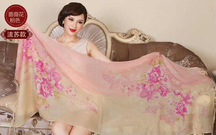 Economic Flower Printing Tassels Wool Scarf Shawls Women Winter Long Warm Pashmina Cape - Pink