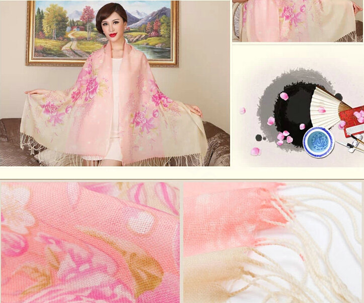 Economic Flower Printing Tassels Wool Scarf Shawls Women Winter Long Warm Pashmina Cape - Pink