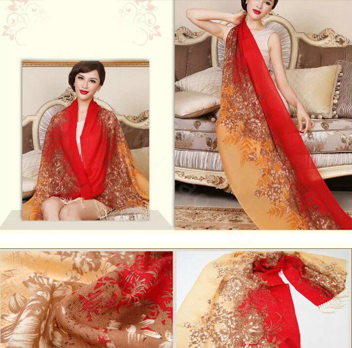 Economic Flower Printing Tassels Wool Scarf Shawls Women Winter Long Warm Pashmina Cape - Red
