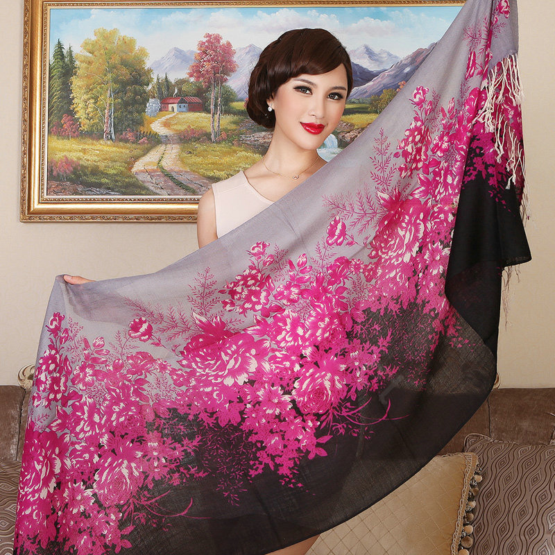 Economic Flower Printing Tassels Wool Scarf Shawls Women Winter Long Warm Pashmina Cape - Rose