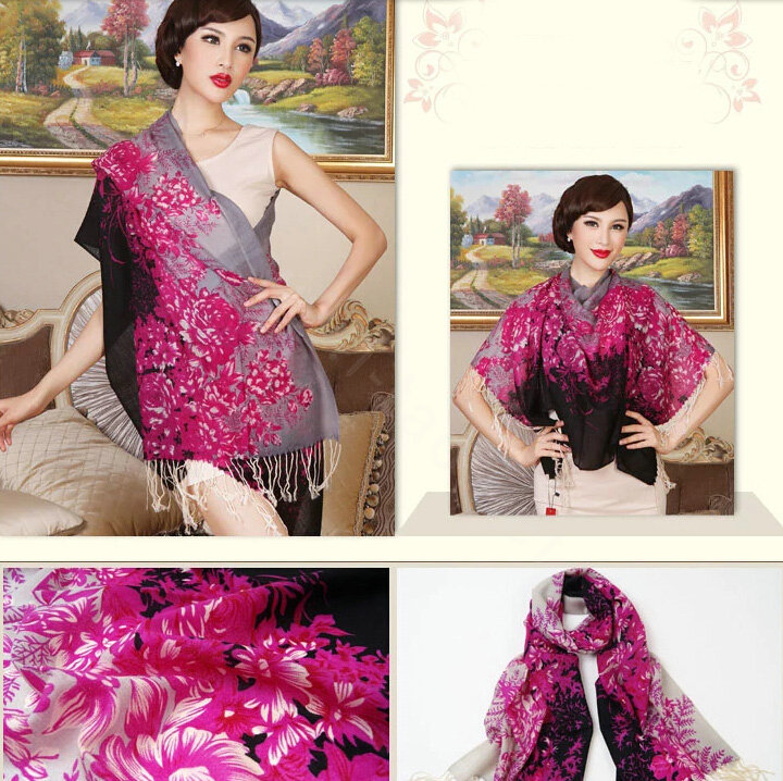 Economic Flower Printing Tassels Wool Scarf Shawls Women Winter Long Warm Pashmina Cape - Rose