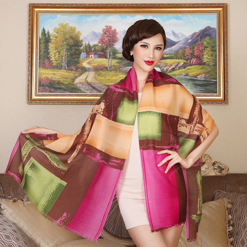 Economic Geometry Printing Wool Scarf Shawls Women Long Warm Pashmina Cape - Coffee