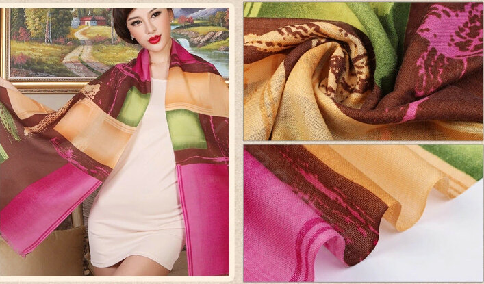 Economic Geometry Printing Wool Scarf Shawls Women Long Warm Pashmina Cape - Coffee