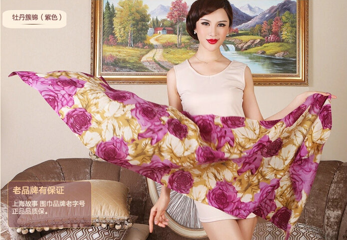 Economic Peony Flower Printing Wool Scarf Shawls Women Long Warm Pashmina Cape - Purple