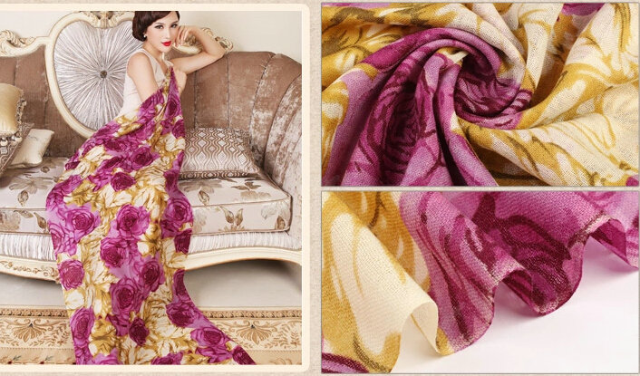 Economic Peony Flower Printing Wool Scarf Shawls Women Long Warm Pashmina Cape - Purple
