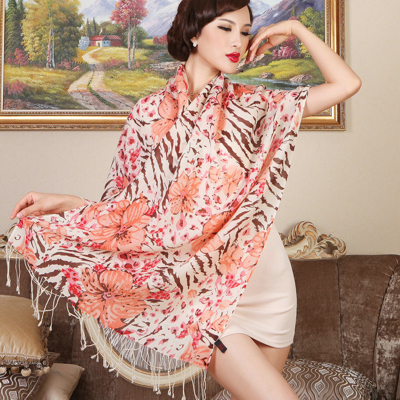 Economic Zebra Flower Printing Tassels Wool Scarf Shawls Women Long Warm Pashmina Cape - Orange