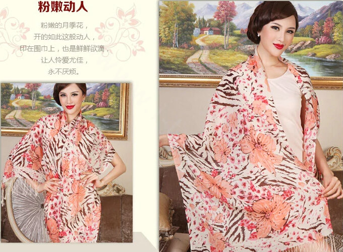 Economic Zebra Flower Printing Tassels Wool Scarf Shawls Women Long Warm Pashmina Cape - Orange