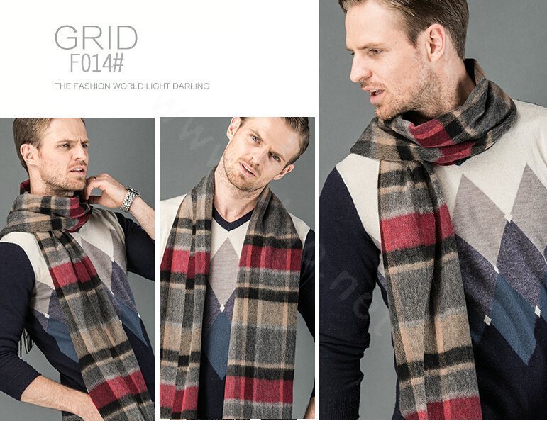 Fashion England Lattice Long Wool Scarf Man Winter Thicken Cashmere Tassels Muffler - Beige+Red