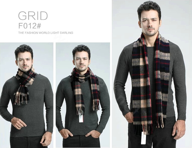 Fashion England Lattice Long Wool Scarf Man Winter Thicken Cashmere Tassels Muffler - Black+Beige