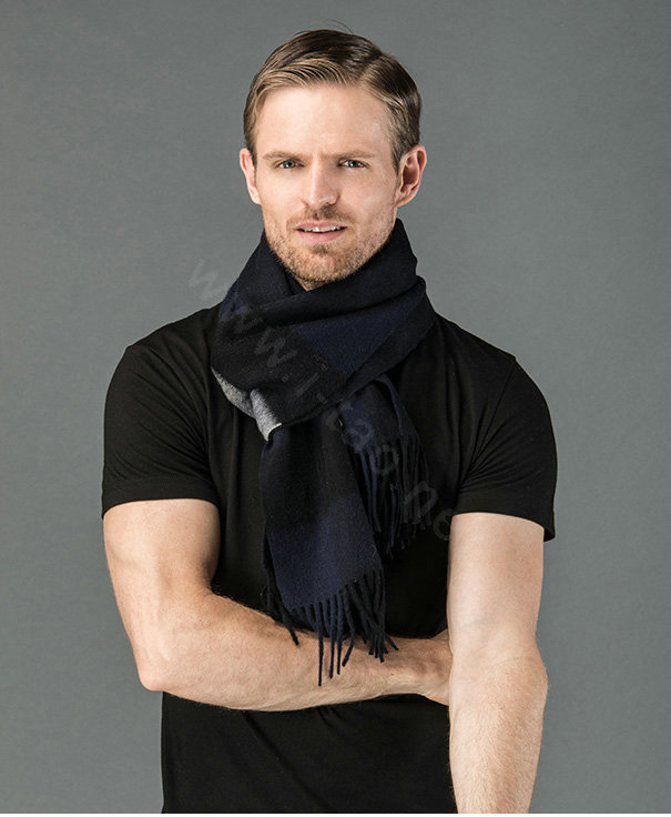 Fashion England Lattice Long Wool Scarf Man Winter Thicken Cashmere Tassels Muffler - Black+Navy