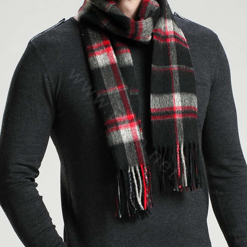 Fashion England Lattice Long Wool Scarf Man Winter Thicken Cashmere Tassels Muffler - Black+Red