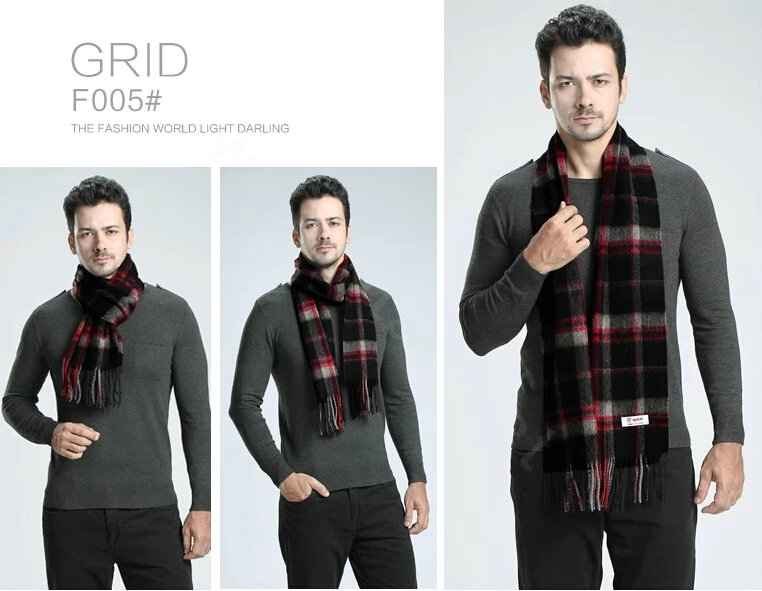 Fashion England Lattice Long Wool Scarf Man Winter Thicken Cashmere Tassels Muffler - Black+Red
