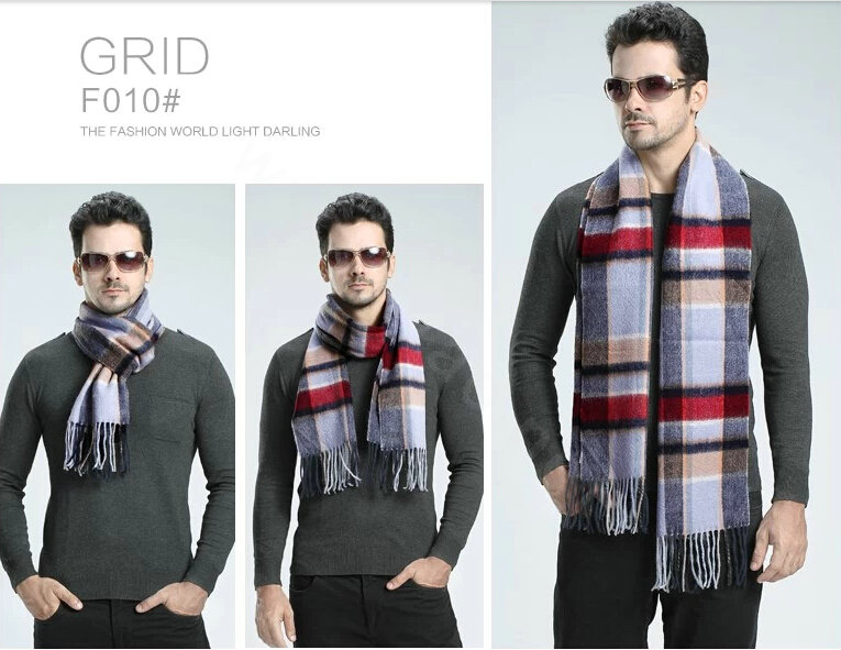 Fashion England Lattice Long Wool Scarf Man Winter Thicken Cashmere Tassels Muffler - Blue+White