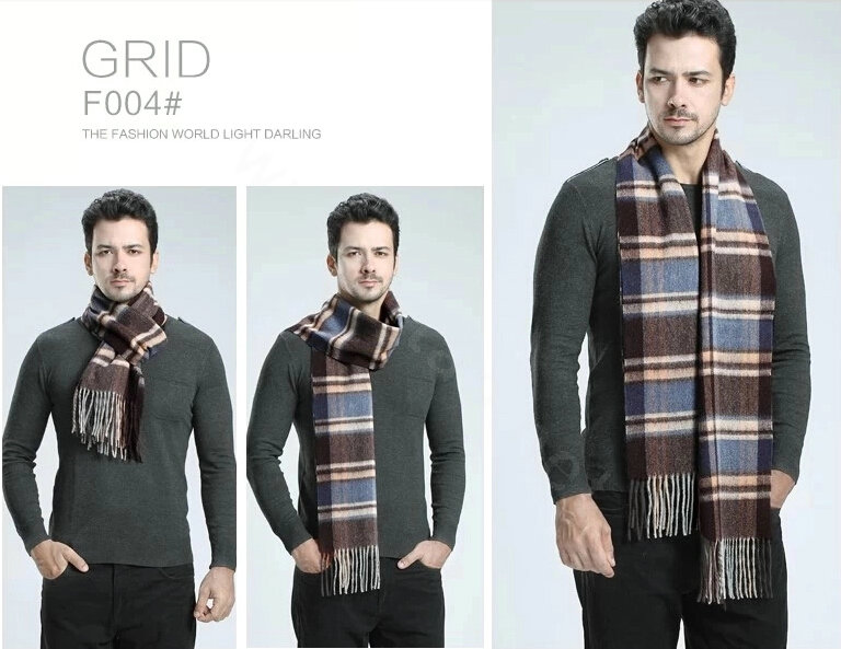 Fashion England Lattice Long Wool Scarf Man Winter Thicken Cashmere Tassels Muffler - Coffee
