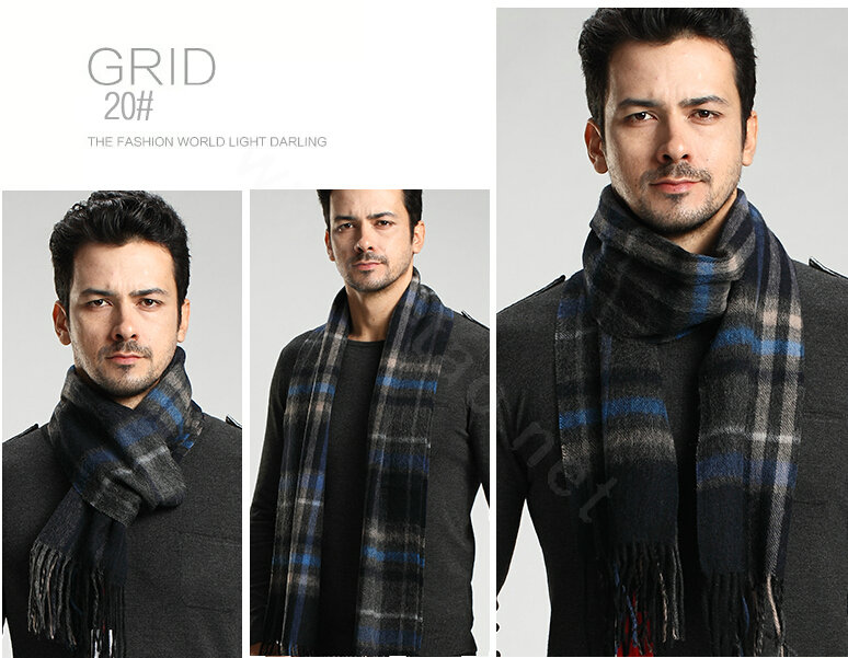Fashion England Lattice Long Wool Scarf Man Winter Thicken Cashmere Tassels Muffler - Gray+Blue