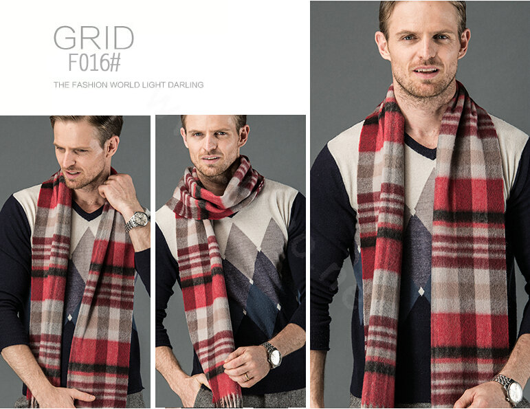 Fashion England Lattice Long Wool Scarf Man Winter Thicken Cashmere Tassels Muffler - Gray+Red