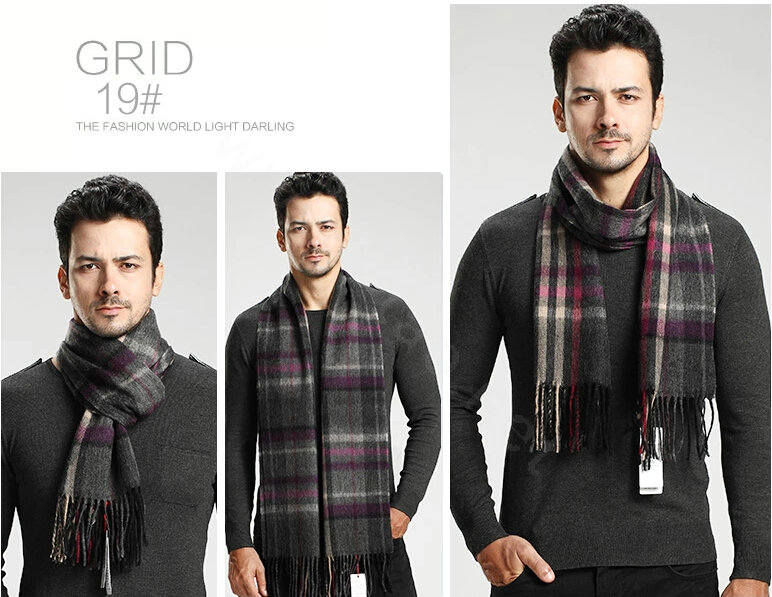 Fashion England Lattice Long Wool Scarf Man Winter Thicken Cashmere Tassels Muffler - Gray+Rose