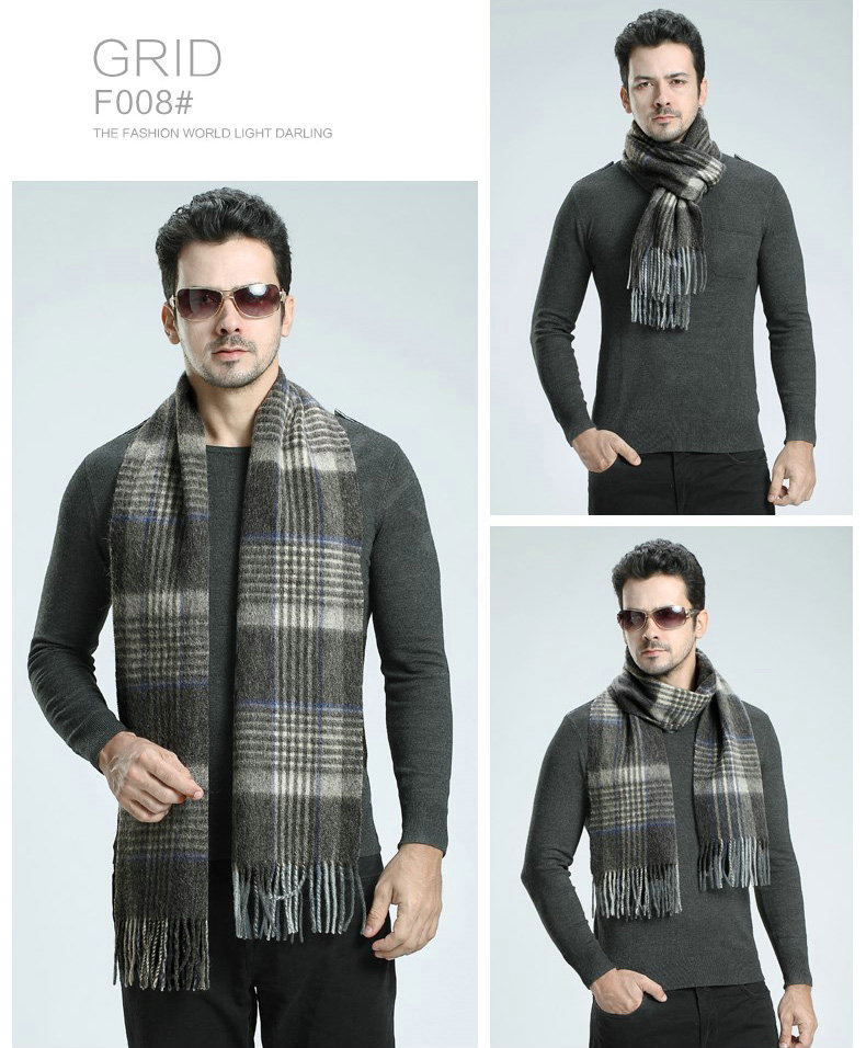 Fashion England Lattice Long Wool Scarf Man Winter Thicken Cashmere Tassels Muffler - Gray