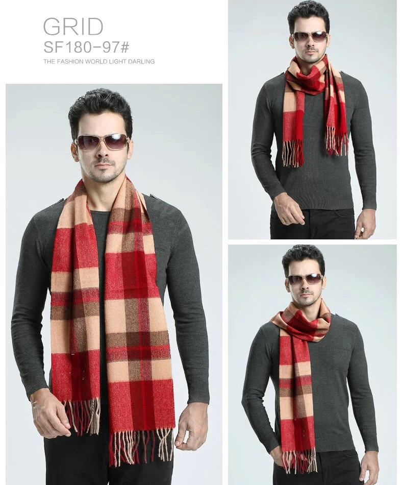 Fashion England Lattice Long Wool Scarf Man Winter Thicken Cashmere Tassels Muffler - Red+Beige
