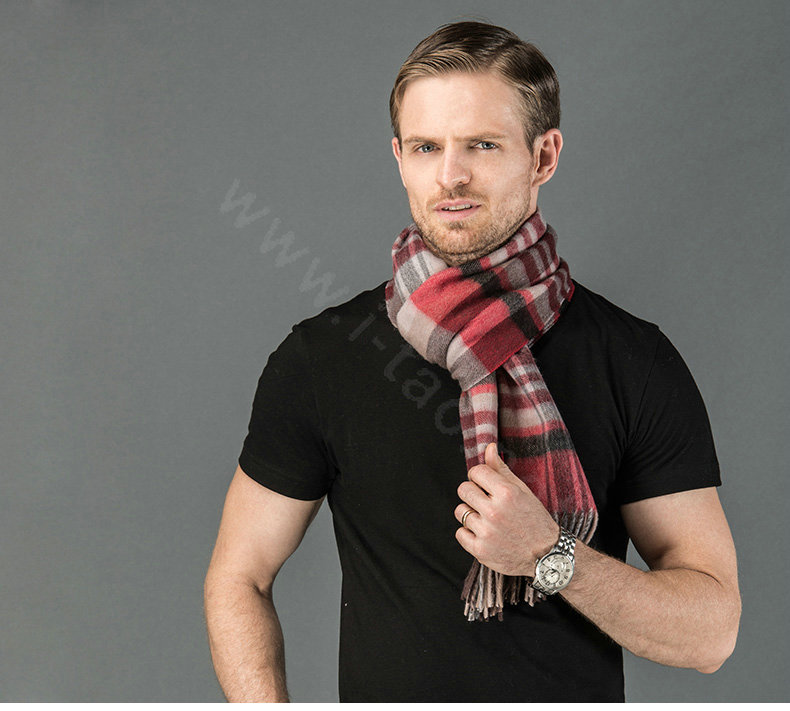 Fashion England Lattice Long Wool Scarf Man Winter Thicken Cashmere Tassels Muffler - Red+Camel